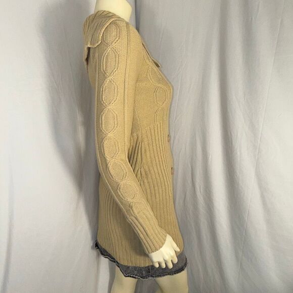 Vintage Derek Heart Camel Cable-Knit Sweater Coat | Longline Button-Up Cardigan - Picture 7 of 13